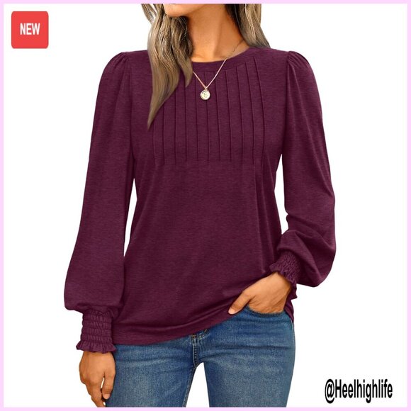 Tops - Long Sleeve Pleated Blouse Smocked Cuffs Business Casual Top Women's